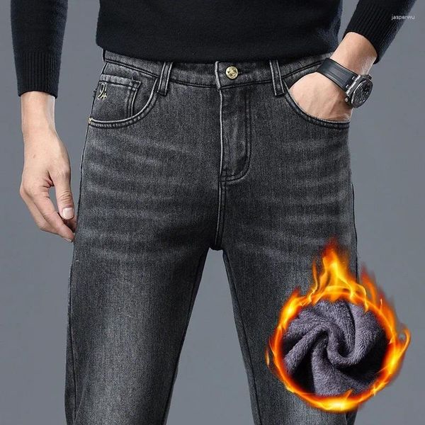 Calças de brim masculinas 2023 inverno velo fino ajuste preto e cinza coreano moda estiramento tecidos engrossados calças jeans quentes masculino
