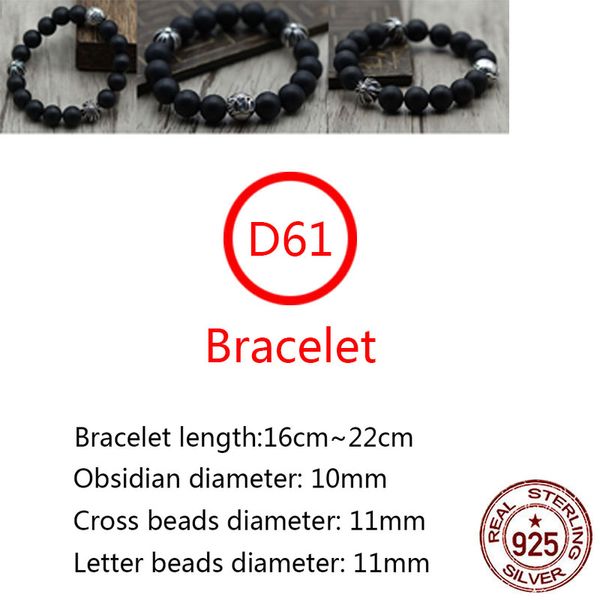 D61 S925 bracciale in argento sterling naturale ossidiana moda perline rotonde smerigliate stringa a mano personalità retrò perline croce fiore punk stile hip-hop regalo per gli amanti