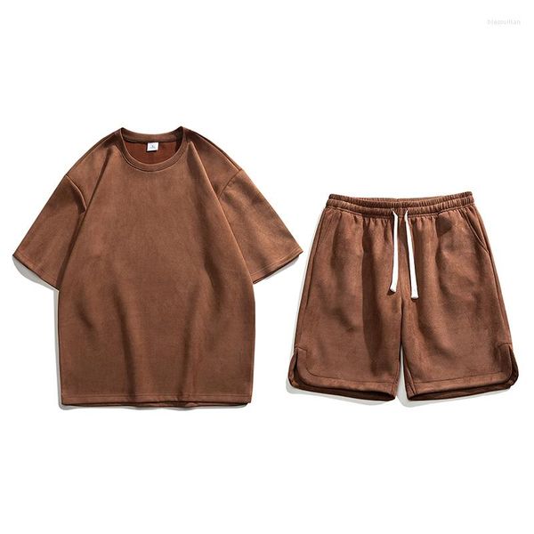 Trass de rastreio masculino verão de camurça de cor sólida define homens e mulheres shorts moda moda de rua coreana Conjunto de roupas masculinas fêmeas machos plus size