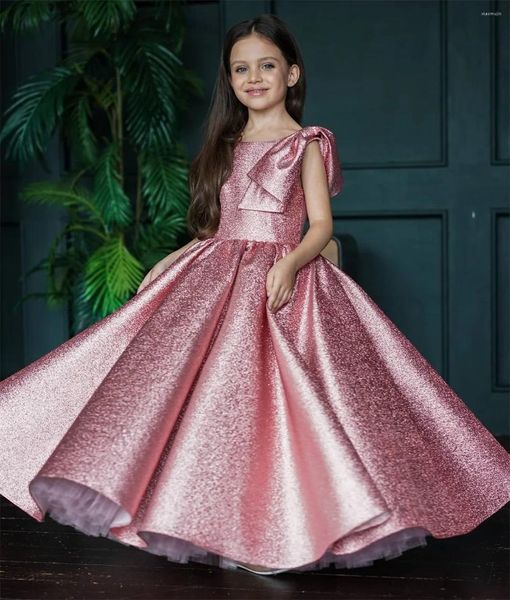 Mädchenkleider Satin Bowtie Blumenkleid Glänzendes Puffy Hochzeit Elegantes kleines Erstkommunion-Ballkleid für Kinder