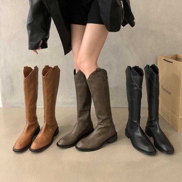Сапоги, коричневые женские туфли на толстом каблуке с V-образным вырезом и длинными рукавами, новая осенне-зимняя прямая универсальная рыцарская обувь