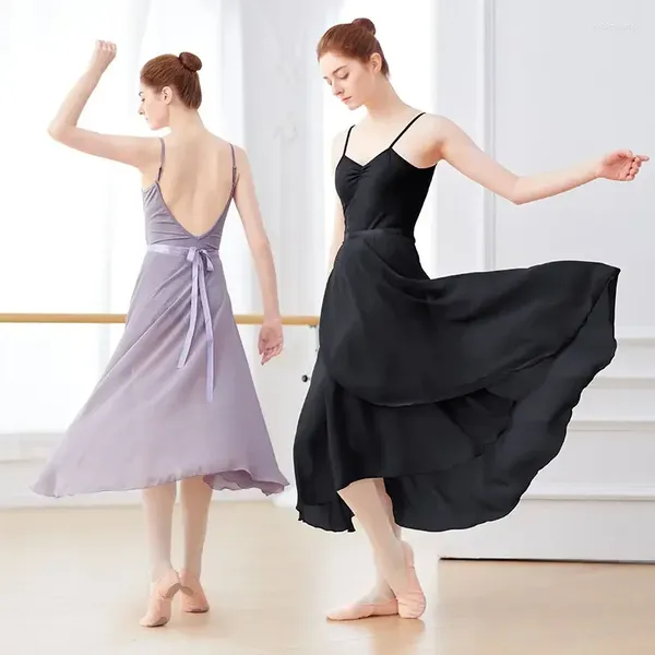 Bühnenkleidung Ballettröcke Frauen Langer Chiffon-Tanzrock Feen-Tutu-Kleid Kostüme zum Binden