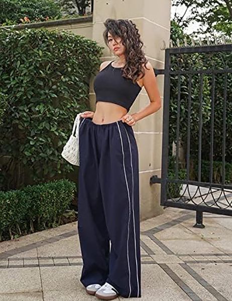 Novas calças de pista femininas baggy perna larga calças de pára-quedas perna solta calças de carga streetwear