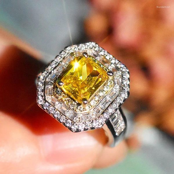 Anéis de cluster quadrado grande anel de cristal amarelo estilo boêmio casamento para mulheres micro-incrustado zircão ajustável jóias de festa aberta