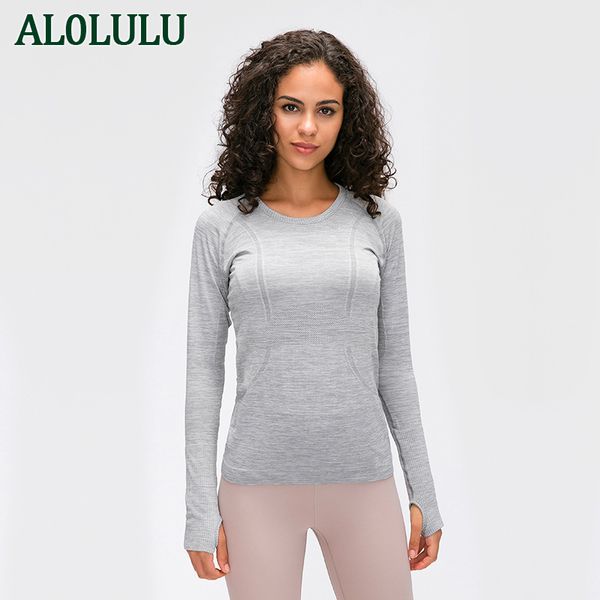 AL0LULU Женская спортивная футболка с длинным рукавом и круглым вырезом с логотипом, топ для бега и фитнеса
