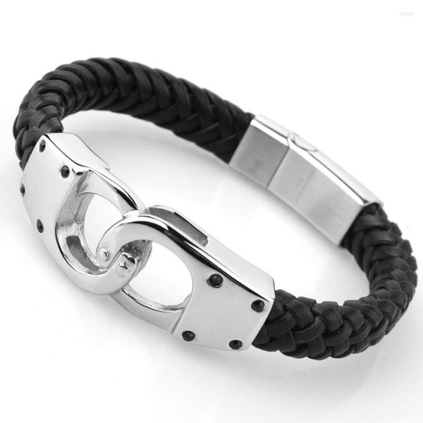 Bracelets de charme preto em couro genuíno genuíno vintage trançado algemas de algemas modernas de aço inoxidável bangles bangles esportivos jóias esportivas