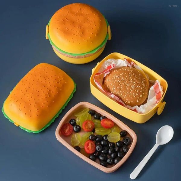 Yemek takımı hamburger öğle yemeği kutusu çift katman burger bento mikrodalga çocukları okul konteyner sofra seti meyve taze tutma