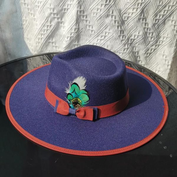 Berets 2024 penas fedora chapéus para homens grande borda feltro fedoras moda jazz chapéu primavera larga sombrero hombre chapeu masculino