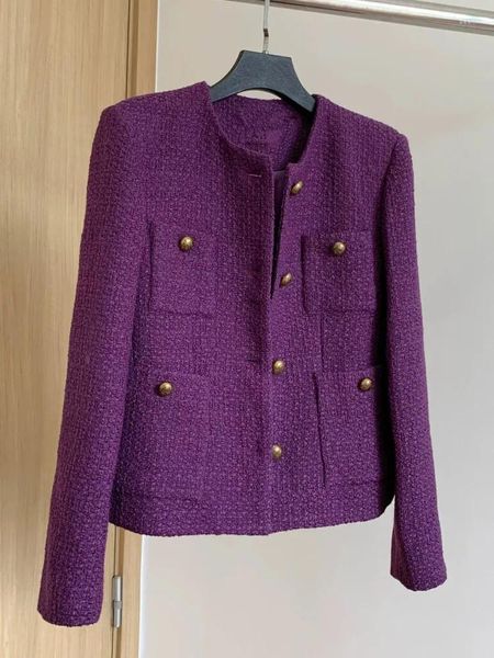 Женские куртки, винтажная твидовая фиолетовая куртка, женское элегантное однобортное шерстяное пальто с длинным рукавом, корейская модная верхняя одежда, осень-зима