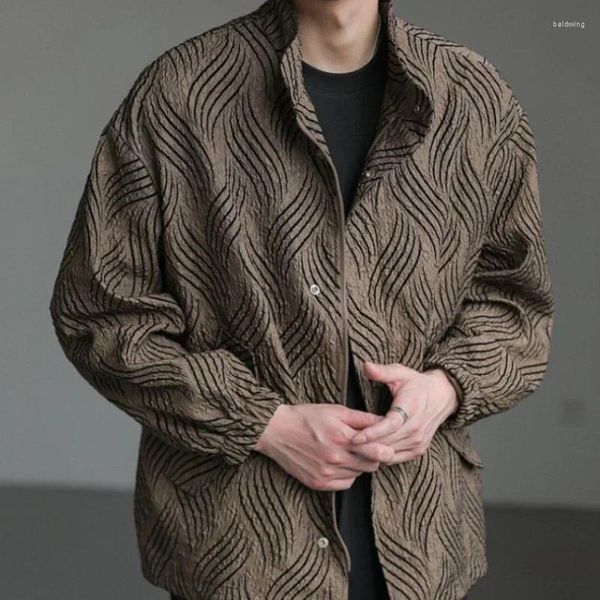 Jaquetas masculinas gmiixder texturizado gola jaqueta coreano solto elegante botão casaco homens primavera outono listras vintage casual estética