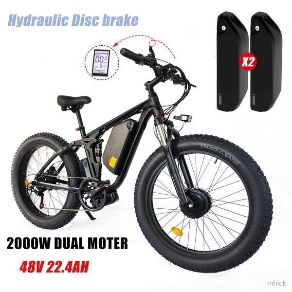 Pedais de bicicleta 2000w Motor Dual Motor Mountain Bicycle 48V 22.4ah Suspensão Full City Road Ebike 26 