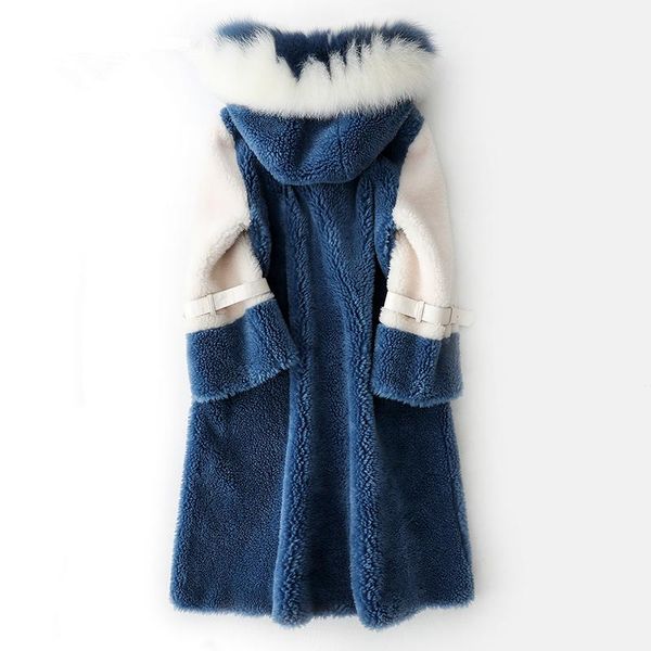 Damen Pelz Faux echte Wollmäntel mit natürlichem Kragen mit Kapuze Schafschurjacke lange Winterjacken Mantel YS896009