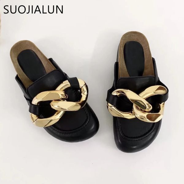 Sapatos de vestido Suojialun marca design mulheres chinelo moda grande corrente de ouro sandálias sapatos dedo do pé redondo deslizamento em mules salto plano casual slides flip f 231109