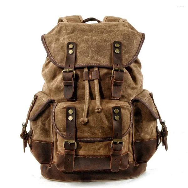 Rucksack, wasserdicht, für Laptops, Vintage-Stil, Nieten, Öl, 15 Zoll, Baumwolle, Büchertasche, Herren-Canvas, Wachs, Tagesrucksäcke, große Kapazität