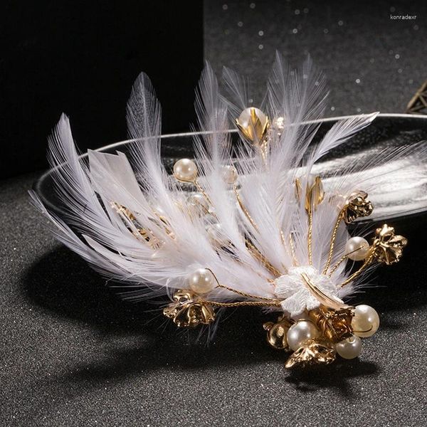 Grampos de cabelo branco rosa ouro cor pena clipe acessórios nupciais jóias decoração casamento headpiece
