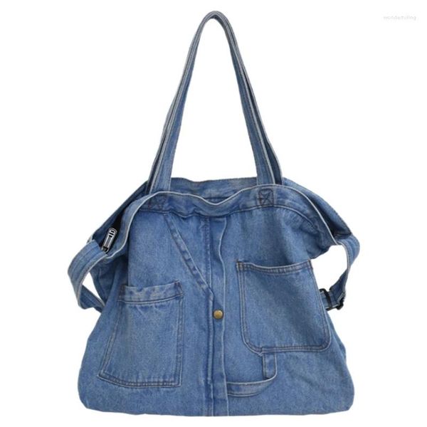Вечерние сумки Сетчатая красная джинсовая сумка через плечо Повседневная дикая портативная парусиновая сумка для покупок Женская светло-голубая