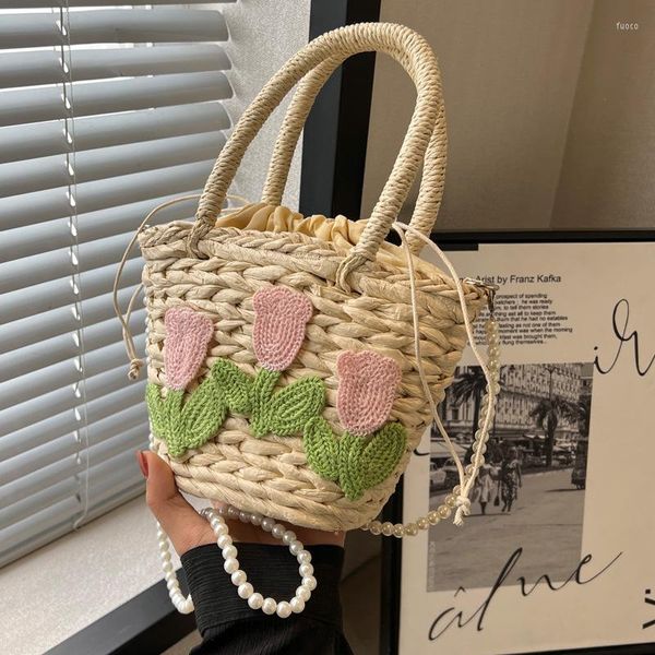 Abendtaschen Frauen 2023 Straw Weave Shoulder Messenger Cross Body Cute Flower Printed Handmade Pearl Chain Geldbörsen und Handtaschen