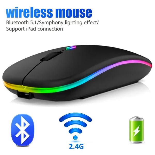 Dizüstü bilgisayar için kablosuz fare bluetooth rgb şarj edilebilir mouses kablosuz bilgisayar sessiz fareler ön plana aydınlatmalı ergonomik oyun fare