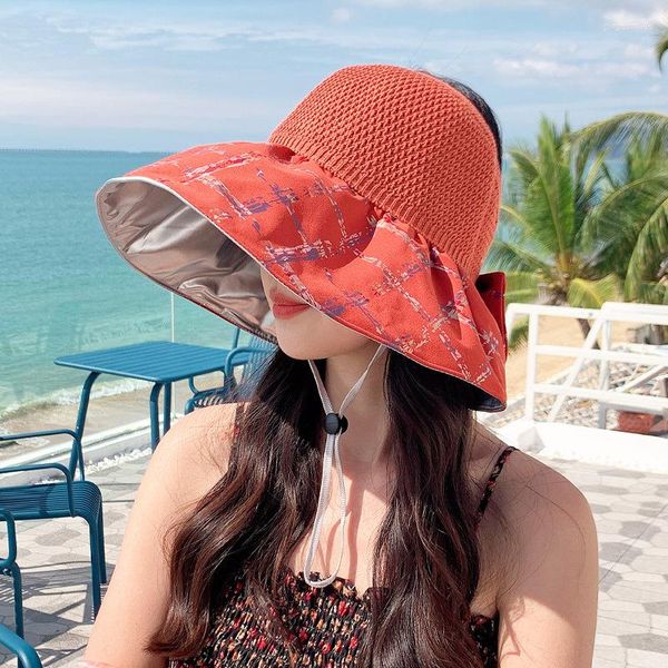 Cappelli a tesa larga Cappello estivo da donna Cappello regolabile Top vuoto Stampa floreale Visiere da esterno Casual Fordable Tour Beach