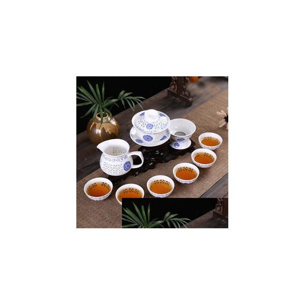 Conjuntos de chá de café S Kongfu 10 Pçs / set Set Cerâmica Azul e Branco Bule Bone China Serviço Drop Delivery Home Garden Kitchen Din Dhmbt