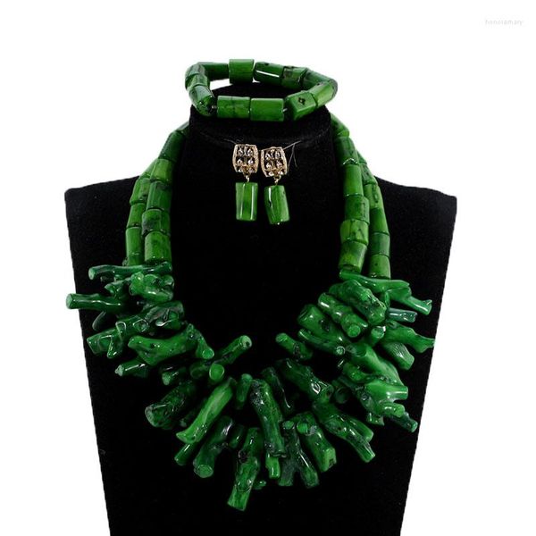 Серьги ожерелья устанавливают настоящие коралловые бусины зеленые коренастые заявления Африканские нигерийские свадебные ювелирные украшения в стиле барокко ABH787