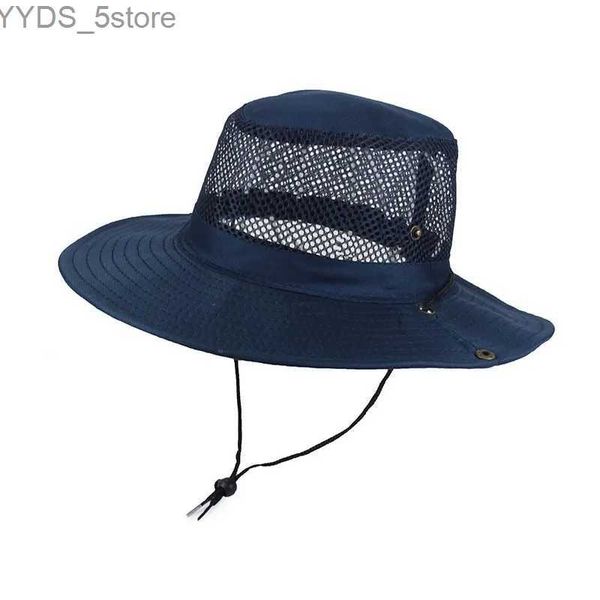 Cappelli a tesa larga Cappelli a secchiello Uomo Donna Spiaggia all'aperto Mare Parasole Cappello a secchiello traspirante Maschio Pesca estiva Trekking Pieghevole Berretto da pescatore in rete L9 YQ231110