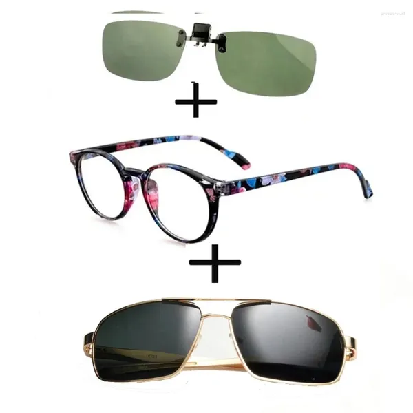 Güneş gözlükleri 3pcs !!! Retro trend okuma gözlükleri erkek kadın gözlük polarize metal pilot lüks klip