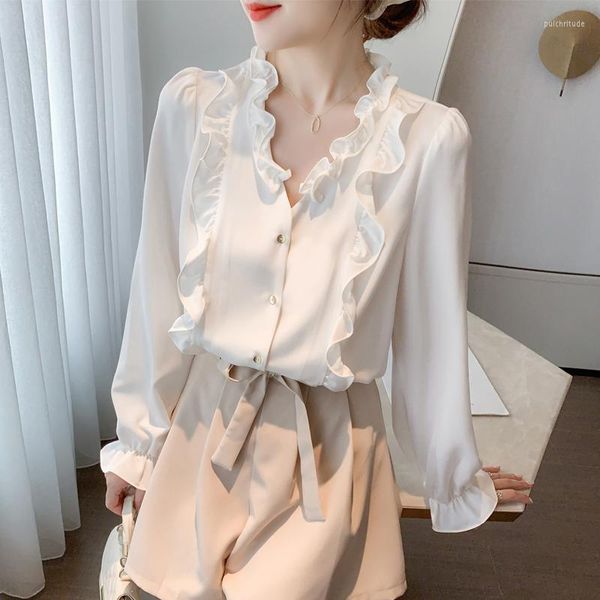 Женские блузки Big Ruffles Blouse Женщины Осень Осень, одинокая грудь V, белые рубашки, офис работы с твердым винтажом