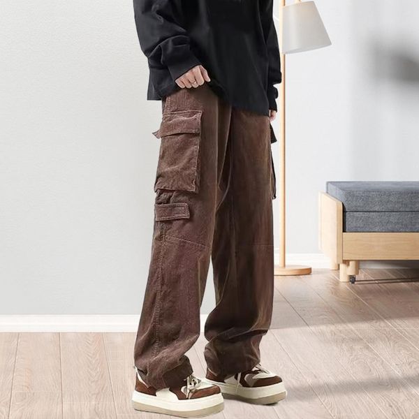 Calça masculina calça masculina calça de cargo masculina de perna baixa masculina calça de bolso multi -bolso vintage calça diária sólida e solta 230410