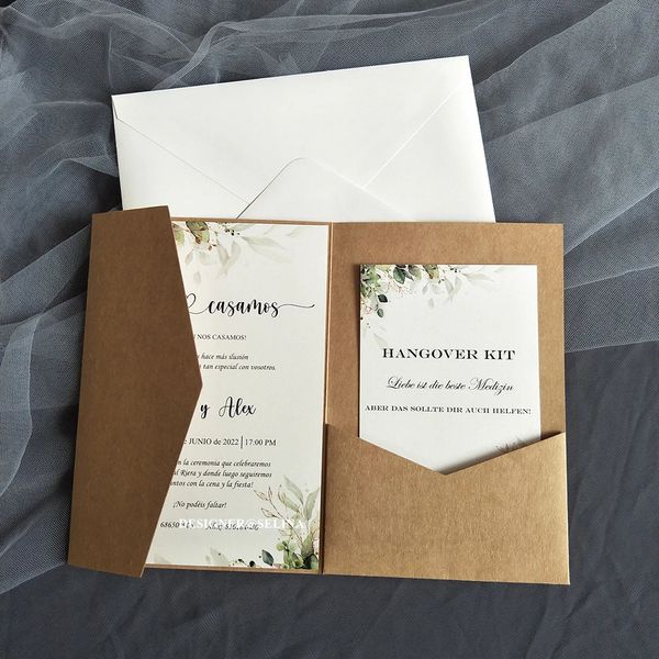 Поздравительные открытки 50X Свадебные приглашения из крафт-бумаги с персонализированной печатью RSVP и вставным конвертом с двойным карманом для свадебной вечеринки 231110