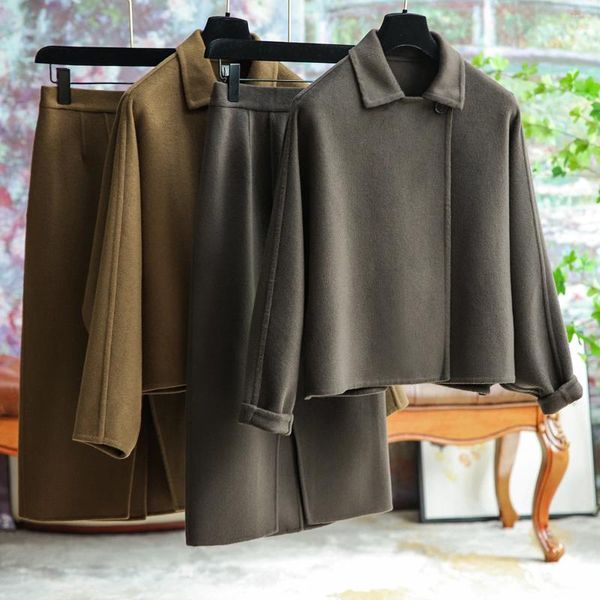 Vestidos de trabalho Alsey bat manga lã tweed elegante commuter quente jaqueta curta de duas peças outono inverno cor sólida moda meia saia terno