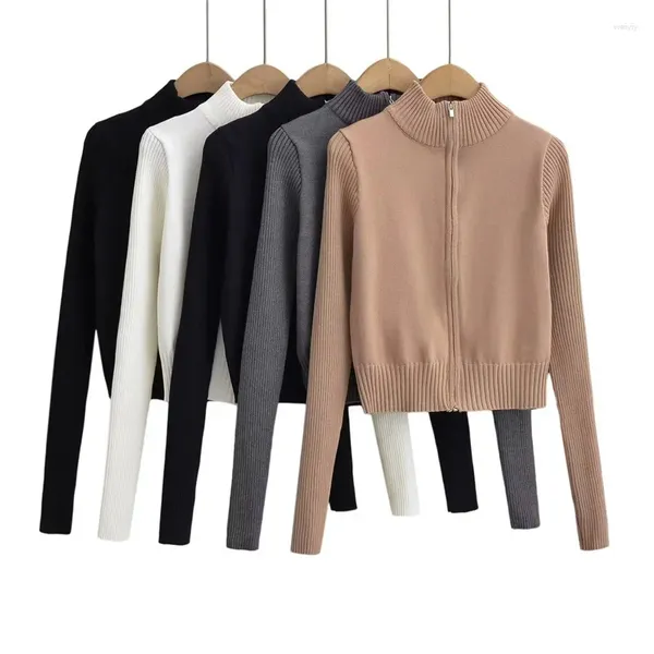 Maglieria da donna Giacca cardigan lavorata a maglia attillata Cappotto maglione corto Colletto rialzato Cerniera Manica lunga Solido Top slim Ragazza