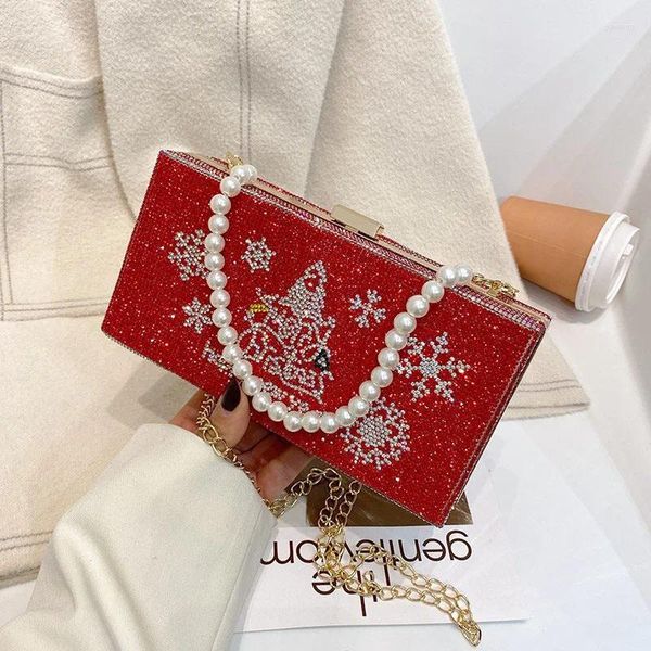 Saco de embreagem de festa de natal vermelho design de luxo diamante pérola bolsa para mulheres corrente ombro pequenas bolsas
