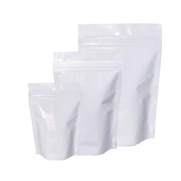 100pcs/lot parlak beyaz alüminyum folyo fermuar çanta doypack yeniden kapatılabilir mylar zip kilidi gıda geçirmez depolama ambalajı ayakta çantalar