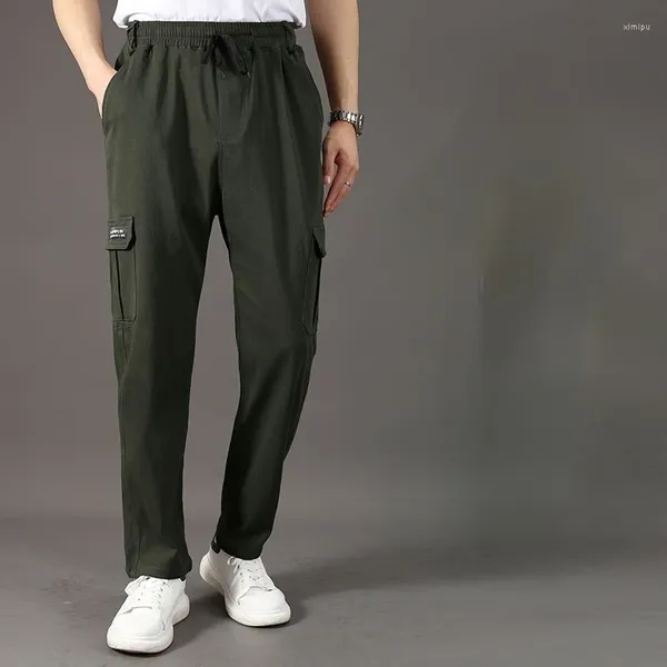 Pantaloni da uomo 2023 Autunno Uomo Elastico in vita Colore solido Gamba dritta Patta Grande tasca con coulisse Cargo XL-5XL Z86