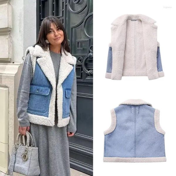 Damenwesten, schicke Lammhaar-Jeans-Strickjacke, Damen-Herbst-Winter, königsblaues Revers, High-Street-Mode, ärmellos, lockere, bequeme Oberteile