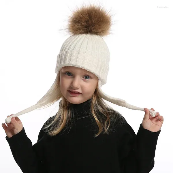 Boinas para niños otoño e invierno mapache bola de piel protección para los oídos sombrero grueso tejido cálido para niños niñas gorro