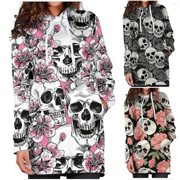 Damen-Kapuzenpullover, Polyester-Ärmel, Kapuze, Kordelzug, mittellang, Halloween-Taschen-Sweatshirt, lange Weste mit Fischgrätenmuster