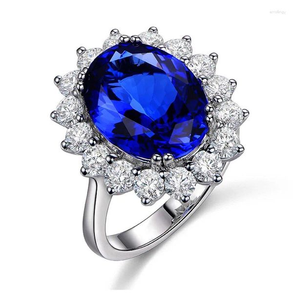 Anéis de cluster YangFx Prata Cor Nobre Abertura Ajustável Imitação Natural Tanzanite Sapphire Anel Gem Jóias Femininas