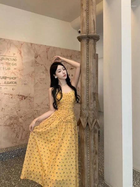 Vestidos casuais ouro amarelo floral impressão backless deslizamento verão de alta qualidade frança vintage mulheres v pescoço sexy clube plissado longo sundress