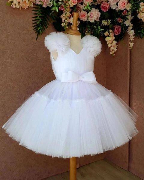 Vestidos de menina branco simples flor vestido para casamento com decote em v tule inchado sem mangas com arco festa de aniversário primeira comunhão crianças vestido de baile