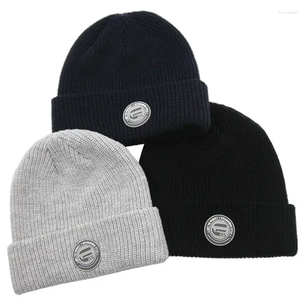 Berets Premium High Quality Custom Logo Roll Up Edge Knit Cuffed Trawler Winter Skull Cap Beanie Hat With Rubber Patch