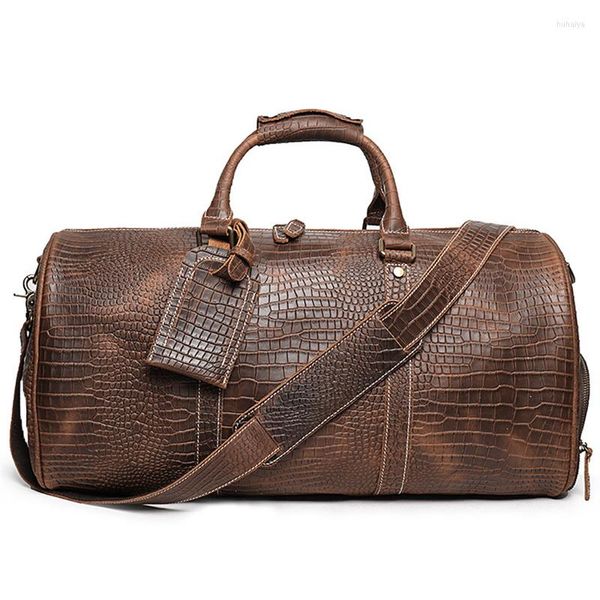 Borsoni Nesitu Highend Vintage Brown Large Big Bark Crocodile Pattern Borsa da viaggio per uomo d'affari in vera pelle Borsone maschile M186