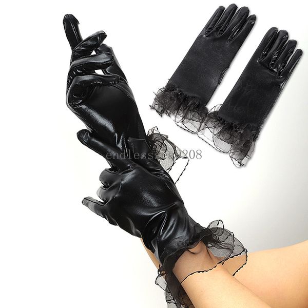 Frauen Dance Performance Handschuh Patent Leder Handschuhe Spitze Stretch Fäustlinge Schwarz Punk Dekorative Lieferungen Cosplay Sexy