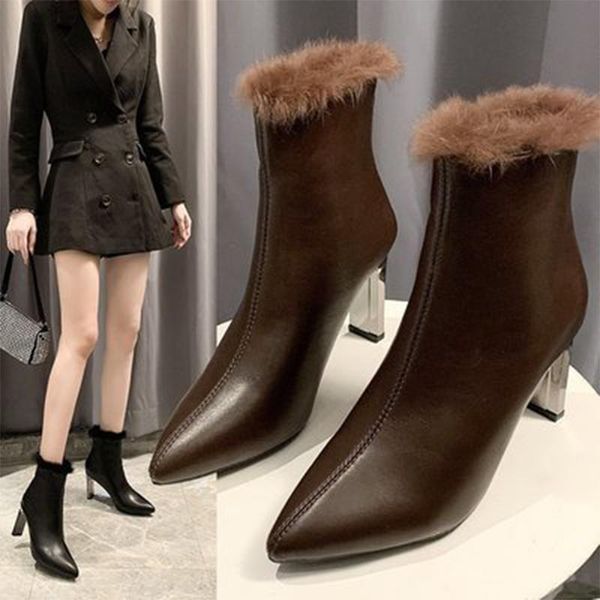 Boots Full Feminle Fur Warm Women Women Zip Pu Couro Impermeável Moda Moda Alta Mulher calçados casuais