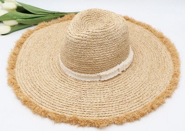 Hüte mit breiter Krempe 6pcs Marke Frauen große 13cm Floppy Natur Bast Damen Sommer Big Beach Sun Straw Caps Cap Großhandel