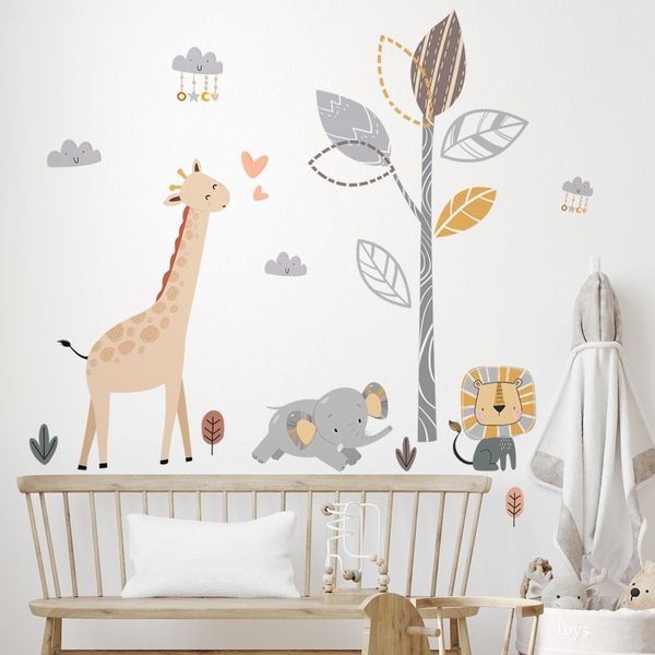 Duvar çıkartmaları bohem karikatür aslan zürafa hayvan ağacı bulut duvar çıkartma kreş vinil duvar sanat çıkartma bebek odası ev dekorasyonu 230410