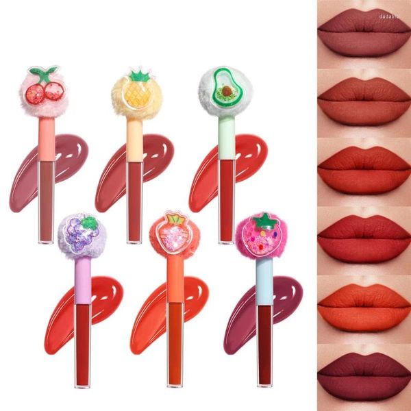 Lucidalabbra 6 colori Testa di pelucchi di frutta Velluto Rossetto liquido opaco Lunga durata Tazza antiaderente Tinta Smalto Maquiagem impermeabile