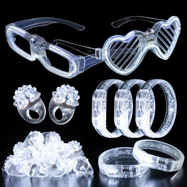 Led Rave Toy Белые микс-наборы Светодиодные очки с подсветкой Светящиеся браслеты и мигающие неровные кольца Свадебная вечеринка Сувениры Игрушки Поставки 231109