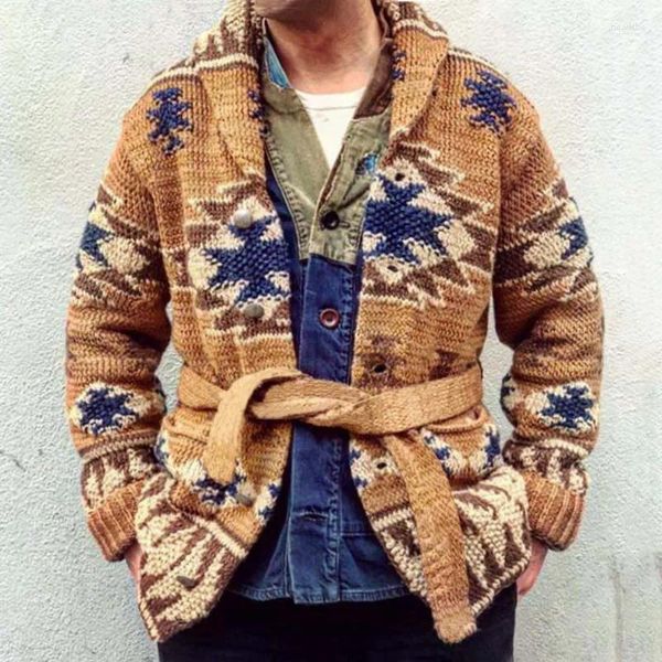 Männer Pullover Vintage Ethnische Jacquard Langarm Strickjacke Männer Casual Lace Up Warme Gestrickte Pullover Mäntel Herbst Winter Outwear